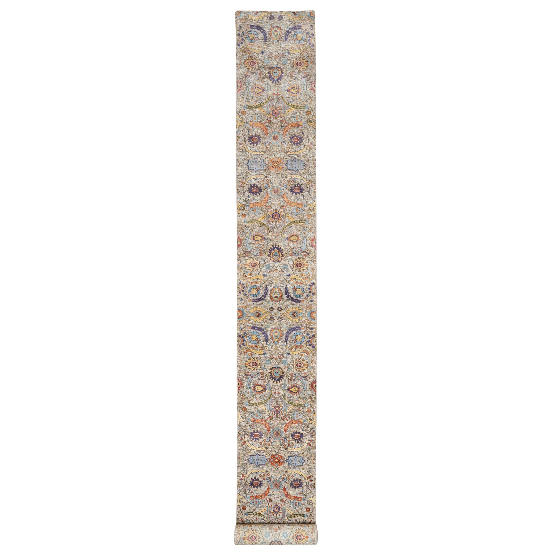 2'7"x23'10" Ivory and Brown, Colorful Sickle Leaf Design, Hand Knotted, Silk with Textured Wool, XL Runner, Oriental Rug 